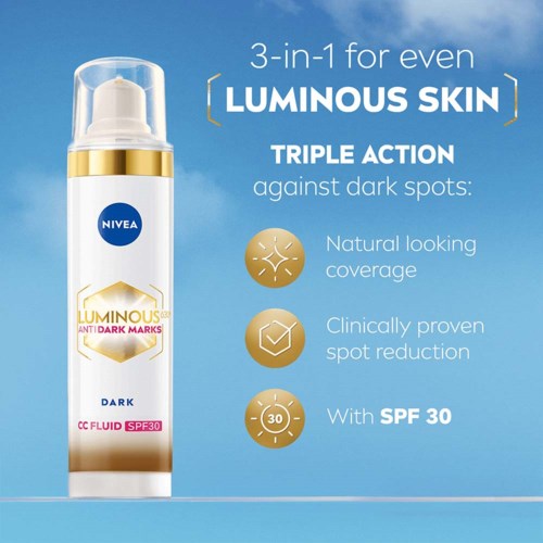 Nivea brightening cream with SPF 30, fights dark spots, improves skin look, and reduces spots.