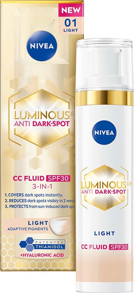 A skincare product in a white bottle with gold accents, labeled as Nivea Luminous Anti Dark-Spot CC Fluid SPF30.