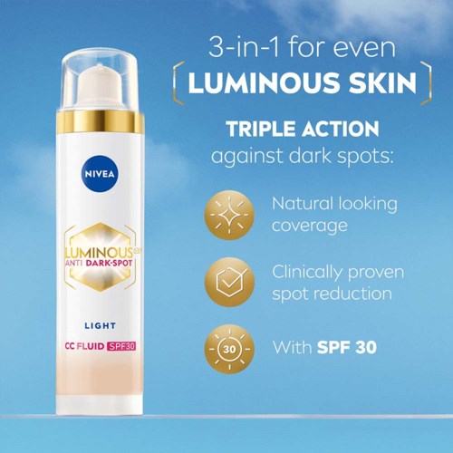 A bottle of Nivea Luminous 3-in-1 cream for even skin, with SPF 30, showing key benefits and features.