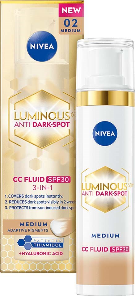 A skincare product called Nivea Luminous Anti Dark-Spot CC Fluid with SPF30, in a white bottle with gold details.