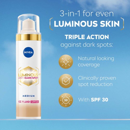 A skincare product bottle for bright skin, with SPF 30, showing benefits like natural look, spot reduction, and sun protection.