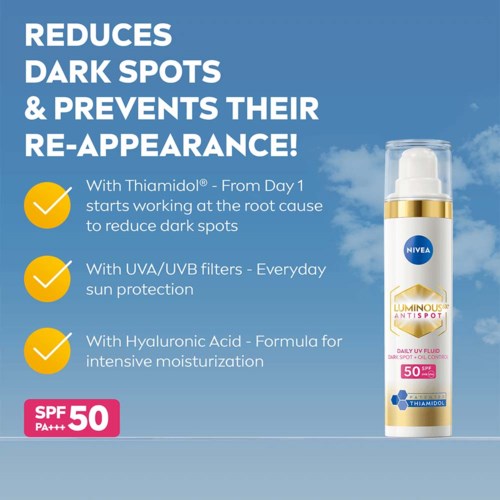 A skincare product for dark spots with SPF 50, claims to reduce spots and prevent re-appearance, using hyaluronic acid.