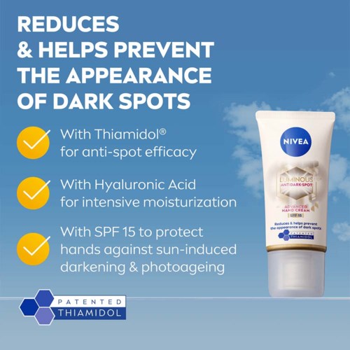 Nivea Luminous AntiDark Spot Creme mit SPF 15, schützt vor dunklen Flecken und spendet Feuchtigkeit. Für Sonnenschutz geeignet.