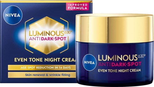 Verpakking van Nivea Luminous 630 anti-dark spot nachtcrème met blauw en goudkleur en productdetails.