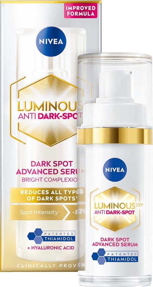 A skincare product called NIVEA Luminous Anti Dark Spot Advanced Serum with brightening formula and Thiamidol. It reduces dark spots.