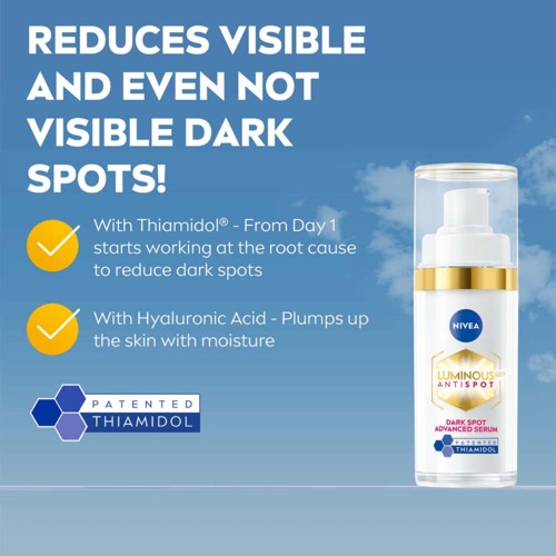 Text explains a skincare product targeting dark spots, with ingredients Thiamidol and Hyaluronic Acid improving skin tone and moisture.