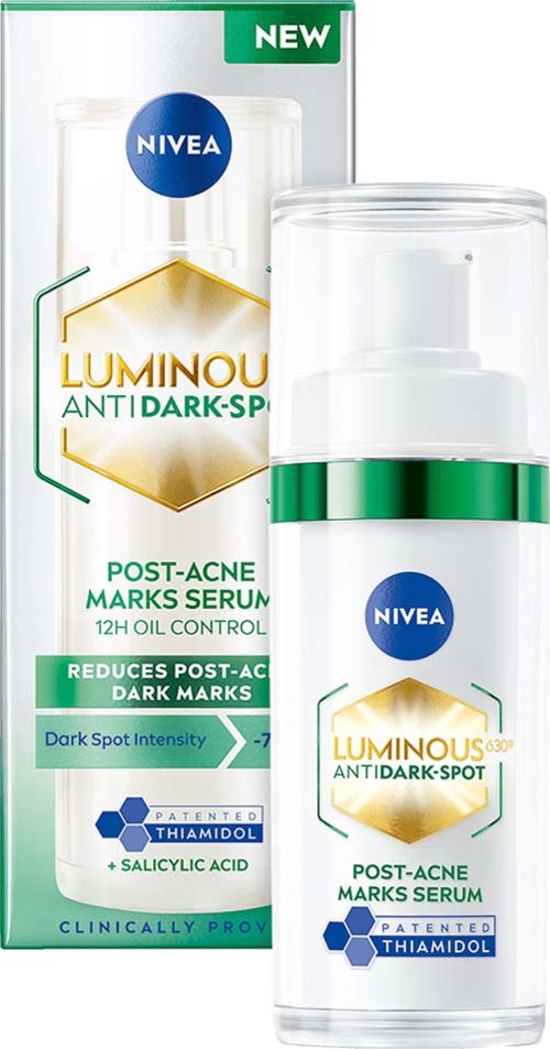 Nivea Luminous Anti-Dark Spot Post-Acne Mark Serum bottle and box, green and white colors, claims to reduce dark marks.