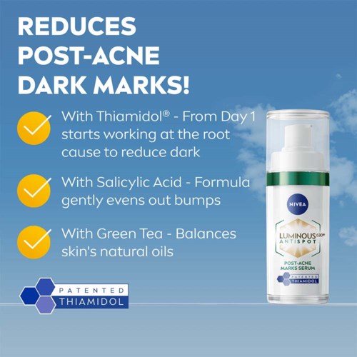 Nivea serum claims to reduce acne marks with Thiamidol, salicylic acid, and green tea, balancing oils and evening skin.