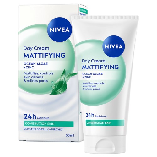 Nivea päivävoide yhdistelmääntiä varten, sisältää merilevää ja sinkkiä, antaa 24 tunnin kosteuden, säätelee öljyä, supistaa huokosia.