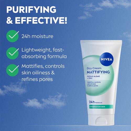Nivea päivävoide rasvaiselle iholle, lupaa kosteuttaa, hallita öljyä ja parantaa huokosia, sisältää merilevää ja sinkkiä.