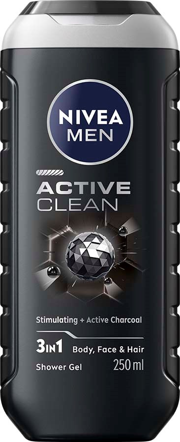 Een zwarte fles Nivea Men Active Clean douchegel met zilveren en blauwe label met een voetbal en tekst.