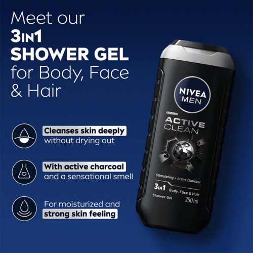 Een Nivea Men douchegel fles met diepe reiniging, actief kool en huidgevoel.