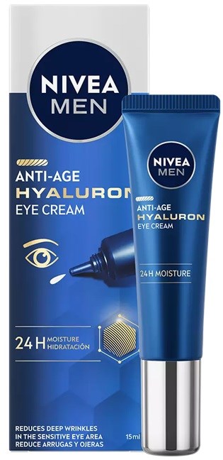 Blauwe tube en doos van Nivea Men anti-aging hyaluron oogcrème, met nadruk op 24 uur hydratatie en rimpelvermindering.