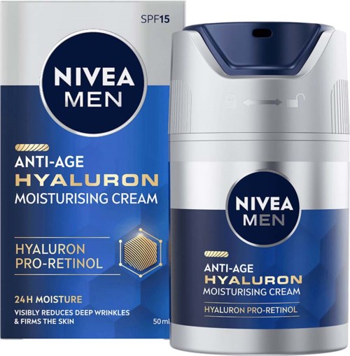 Ein Herrenpflegeprodukt mit Pumpe und blauer Verpackung. Bietet Feuchtigkeitsversorgung und Anti-Aging-Vorteile.