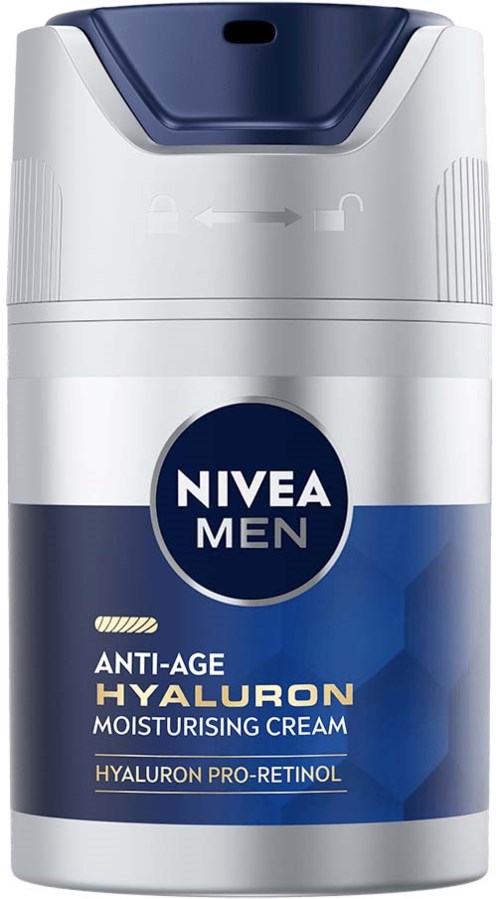 Ein Nivea Men Anti-Age Hyaluron Feuchtigkeitscreme Behälter mit blauem und weißem Design.