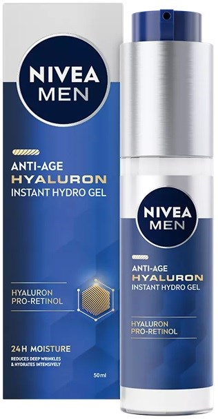 Eine Nivea Men Anti-Age Hyaluronschnellgel-Flasche und -Box, blaue und weiße Verpackung, fördert Hautpflegevorteile.
