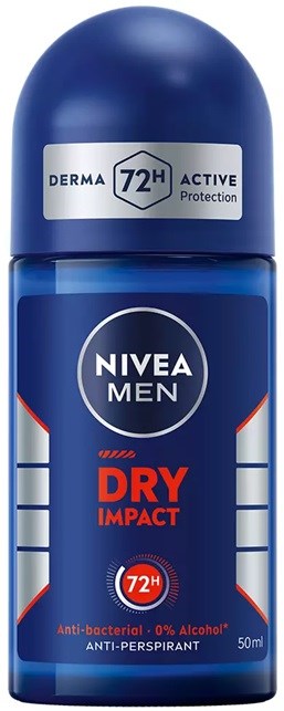 Een deodorantstick met 'NIVEA MEN DRY IMPACT' in blauw met witte en rode details. Biedt 72 uur bescherming.