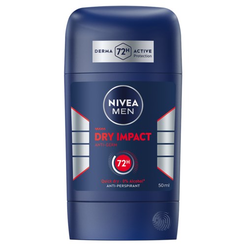 Blauwe stick deodorant van NIVEA MEN DRY IMPACT met 72 uur bescherming en anti-transpirant.