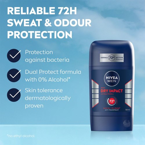 Tekst die Nivea Men Dry Impact antitranspirant met 72 uur bescherming beschrijft, met functies en voordelen.