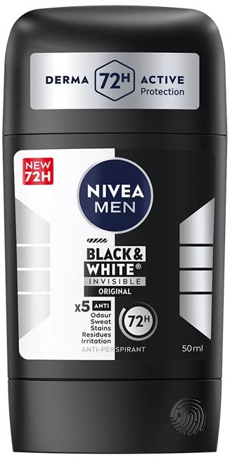 Een zwart-wit deodorantestaaf met labeltekst. Het vermeldt 72 uur bescherming, anti-geur en onzichtbare functies.