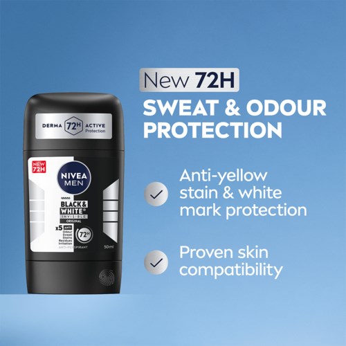 Advertentie voor Nivea Men deodorant met 72 uur zweet- en geur bescherming, anti-gelukleurvlek en bewezen huidcompatibiliteit.