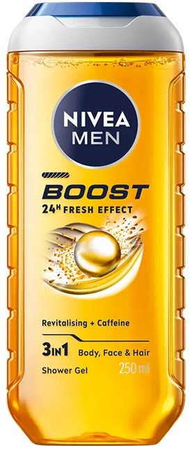 Een gele fles Nivea Men Boost douchegel met blauwe dop, benadrukt frisheid en cafeïne.