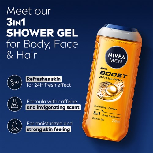 Nivea Men douchegel verfrist de huid, heeft koffiegeur, en geeft een sterke en goede huidgevoel.