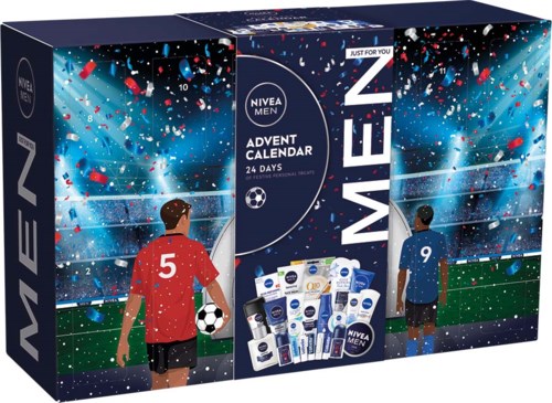Ett Nivea Men-julkalender med två pojkar i sportuniform, en fotboll, färgglad konfetti och hyllor med hygienprodukter.