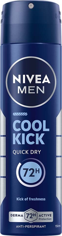 Sininen spraypullon, nimeltään Nivea Men Cool Kick, joka kertoo nopeasta kuivumisesta ja 72 tunnin suojasta.
