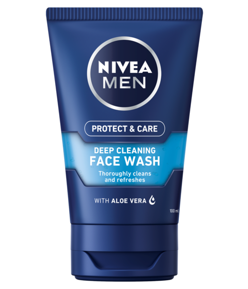 Dunkelblaue Tube mit Nivea Men Logo, sagt Deep Cleaning Face Wash, enthält Aloe Vera, 100ml.