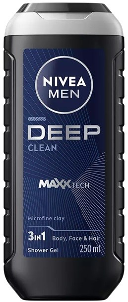 Yön suihkugeeli miehille, sininen etiketti valkoisella ja hopealla, lukee Nivea Men Deep Clean, 250 ml.