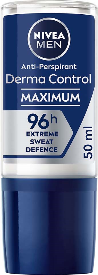 Een Nivea Men deodorantstift met blauwe en witte verpakking, gelabeld Derma Control Maximum voor extreme zweetbescherming.