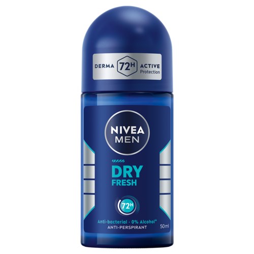 Eine blaue Flasche Nivea Men Dry Fresh Antitranspirant mit 72 Stunden Schutz.