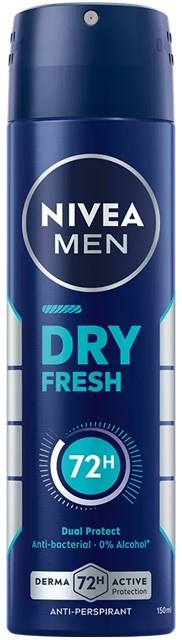 Een blauwe roll-on deodorant van Nivea Men Dry Fresh met 72 uur bescherming en antibacteriële functies.