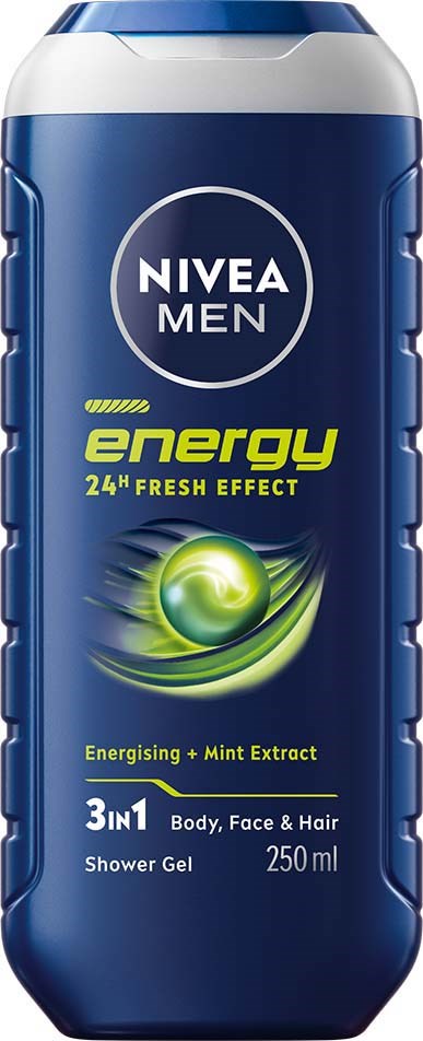 A blue bottle of Nivea Men energy shower gel with green swirl and text about freshness and energy.