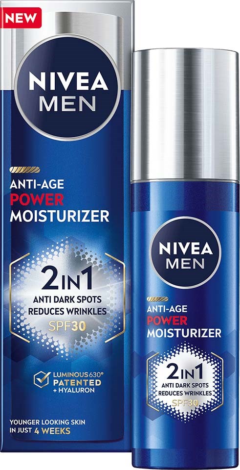 Nivea Men anti-aging moisturizer in blauw en zilver verpakking, vermindert donkere vlekken, rimpels, SPF 30.