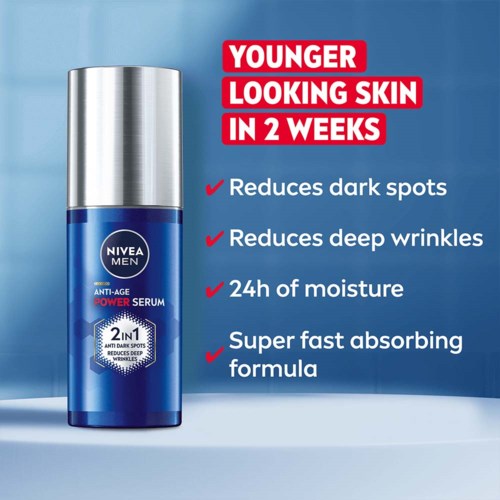 Nivea Men anti-age power serum beweert donkere vlekken en diepe rimpels te verminderen en 24 uur vocht te bieden met snelle opname.