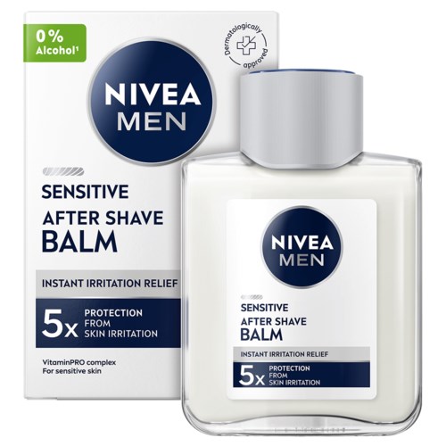 Fles Nivea Men Sensitive After Shave Balm met verpakking die irritatieverlichting en bescherming toont.