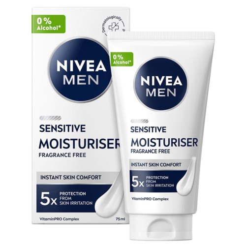 Nivea Men Sensitive Feuchtigkeitscreme ohne Duft, 75ml, schützt die Haut und sorgt für Komfort.