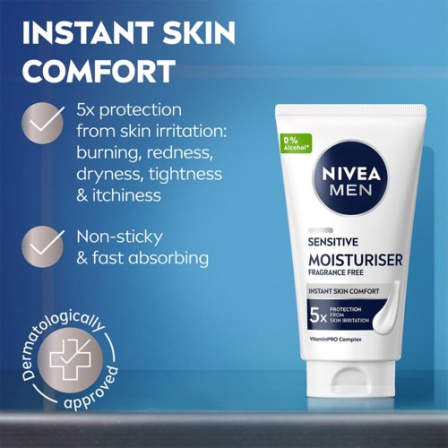 Nivea Men Feuchtigkeitscreme bietet fünfmaligen Schutz vor Hautproblemen, ist nicht klebrig, schnell einziehend und dermatologisch geprüft.