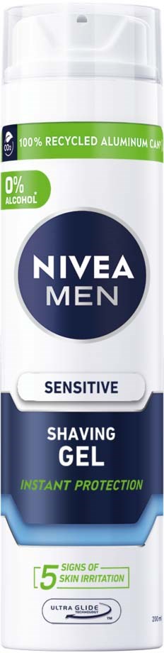 A white bottle of Nivea Men Sensitive Shaving Gel with green and blue labels, mentioning recycled aluminum and instant protection.