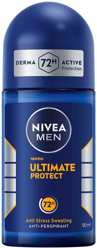 Nivea Men Ultimate Protect antiperspirant with 72 hours protection and anti-stress sweating claims.