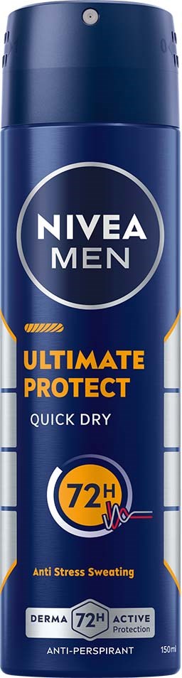 Nivea Men Ultimate Protect spray, 150ml, tegen stress zweet, 72 uur durend, snel droog, actieve bescherming.