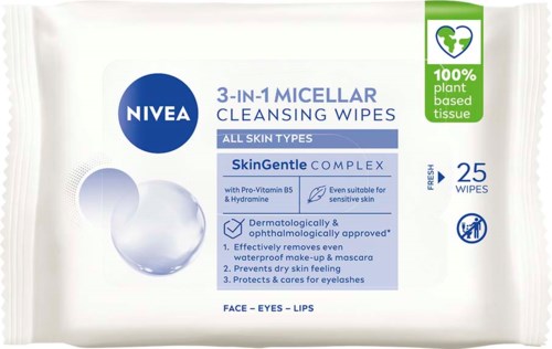 Box of 25 Nivea micellar cleansing wipes, gentle for all skin types, removes makeup, hydrates, and protects sensitive skin.