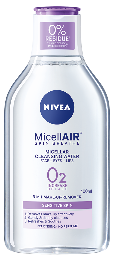 Een fles Nivea MicellAIR skin breath micadellair make-up remover, 400 ml, met paarse dop.