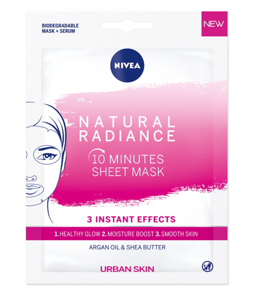 Nivea gezichtsmasker verpakking in roze en wit, belooft voordelen in 10 minuten voor gezonde, stralende, gladde huid.