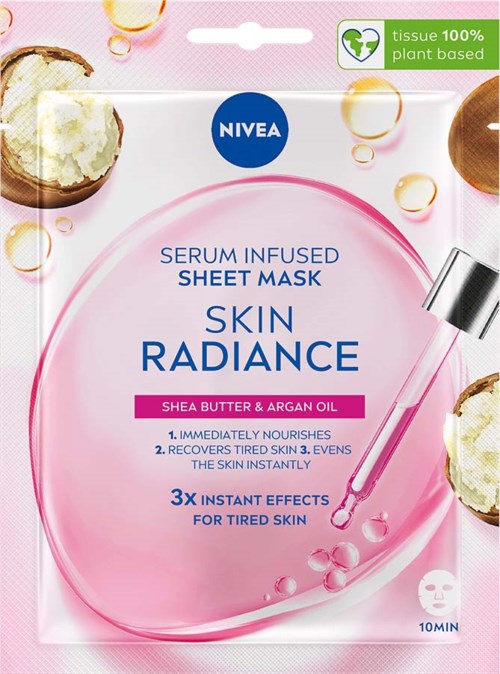 Nivea weefmasker met sheaboter en arganolie, belooft snel hydratatie en huidverbetering, drie voordelen voor vermoeide huid.