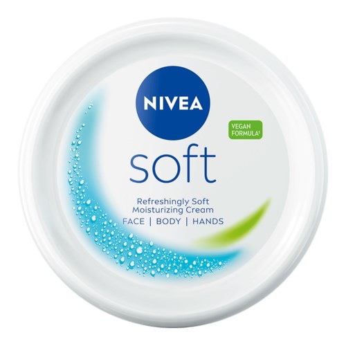 Nivea soft cream container with a blue and white label, mentions it's for face, body, hands, and is vegan.