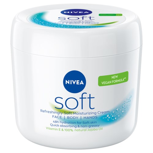 A white jar of Nivea Soft moisturizing cream with blue and green labels, highlighting vegan formula and natural oils.
