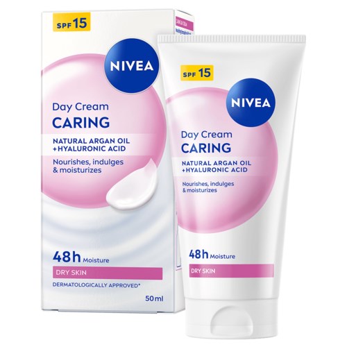 NIVEA Päivävoide Caring kuivaihoisille, SPF 15, sisältää luonnollista arganöljyä ja hyaluronihappoa, 50 ml.